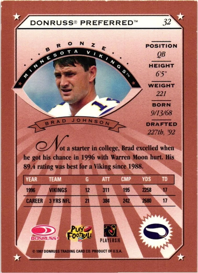 1997 Donruss Preferred #32 Brad Johnson Minnesota Vikings - Image 2 of 2