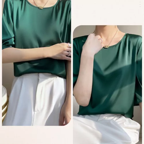 Damen Elegant Satin 3/4 Ärmel Seide Tops Rundhals Bluse T-Shirt Locker Freizeit - Bild 13 von 30