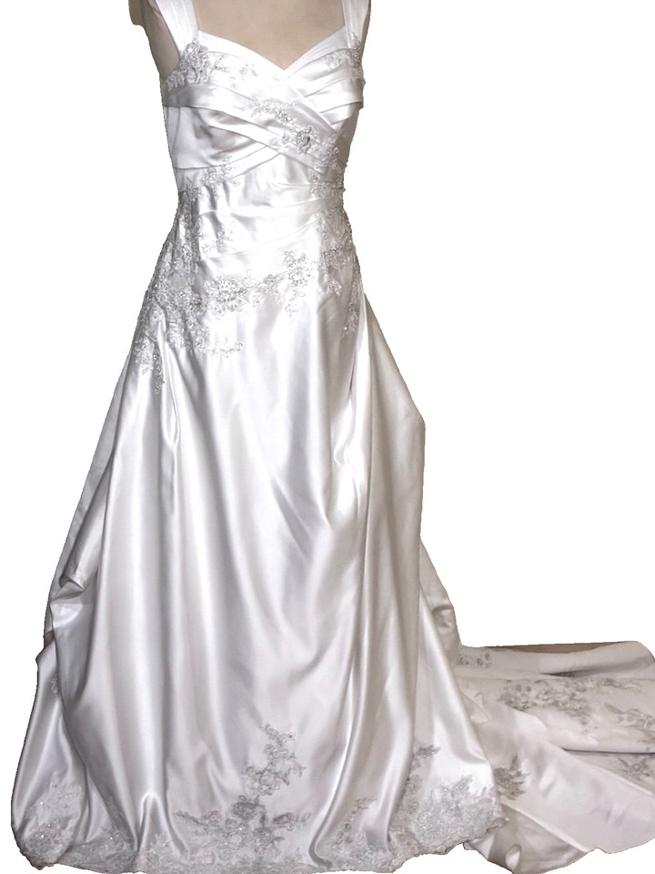 PreOwned-David's Bridal Satin Corset Back Applique Wedding Gown - Size 12