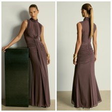 Grey Brown Ruffled Ball Gown Sleeveless Prom Dress High Neck Lace Evening Gown