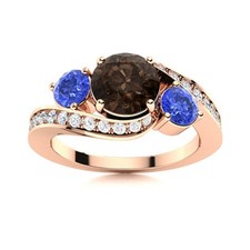 925 Sterling Silver Rose Plated Three Stone Round Smoky Quartz  Tanzanite Ring