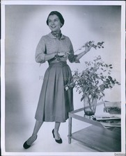 1950 Photo Model Arranges Flowers Wearing Wool Jersey & Silk Ascot Fashion 7X9