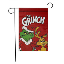 Christmas Garden Flag Funny Green Character and Dog Red Holiday Decor