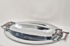 Set of 2 Kromex Heritage House Chrome Serving Trays with Wooden Handles USA