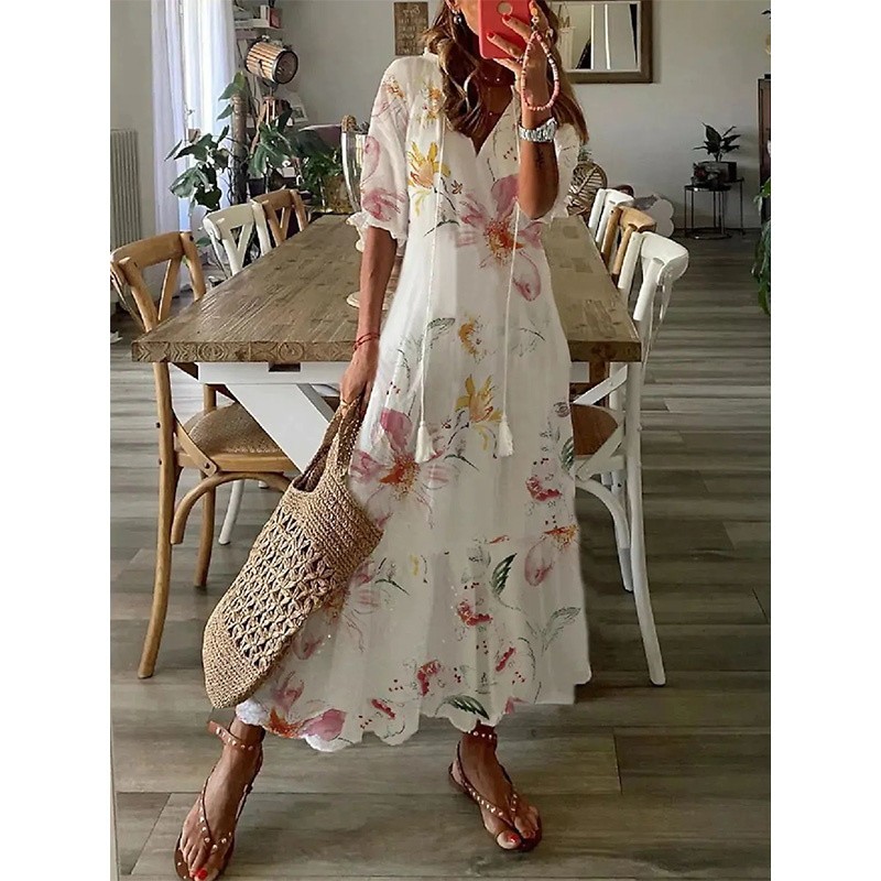 Damen Sommerkleid Boho Maxikleid Blumen Freizeitkleid Langkleid Lose Tunikakleid