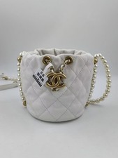 Auth Chanel Mini Bucket Bag White Quilted Lambskin Pearl Strap Gold Hardware