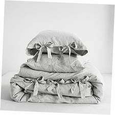 100 Linen Duvet Cover Set, 3 Pieces Belgian Flax Queen Tie Closure Light Grey