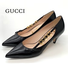 Gucci Ribbon Logo Metal Pumps Leather Black Women's Size EU34/US4