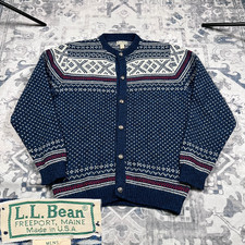Vintage 80s LL Bean Birdseye Fair Isle Large Wool Knit Sweater Made in USA Blue