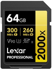 Lexar 64GB Professional 2000x SD Card, UHS-II, C10, U3, 64GB, Black, Gold