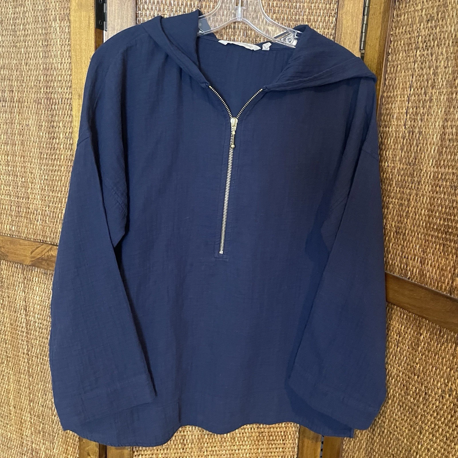Soft Surroundings Hoodie Women's M Navy Blue 100% Cotton Gauzy 1/2 Zip Pullover