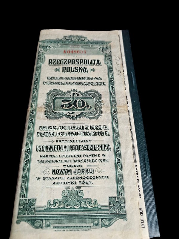 ANTIQUE 1920 REPUBLIC OF POLAND 20 YEAR 6% U.S. DOLLAR BOND COUPONS