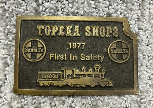VTG Santa Fe Topeka Shops Belt Buckle First in Safety Railroad Memorabilia 70s