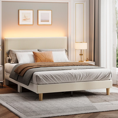 Base De Cama Queen Size Tapizada En Pana Con Cabecero y Luz LED Listones Madera