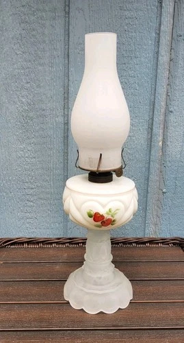 Vintage Oil Lamp Milk Glass Body Handpainted W/ Frosted Glass Base Burner Eagle
