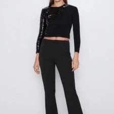 NWOT ZARA WOMEN’S SEQUINS BLACK PARTY COCKTAIL LONG SLEEVE KNIT TOP SMALL NYE