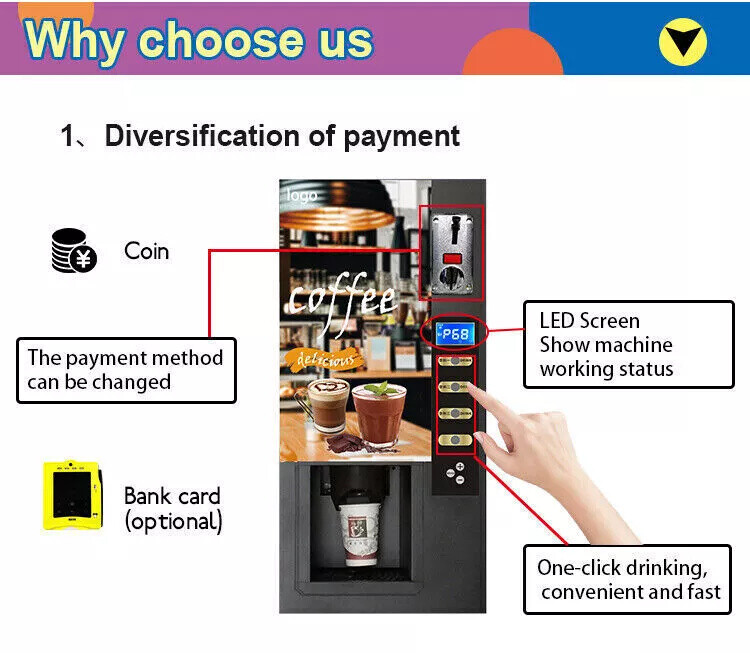 NEW Smart Commercial Fully Automatic Self Coin 3 Instant Coffee Vending Machine