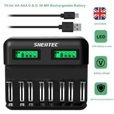 SHENTEC Cargador de Batería Recargable AA AAA C D Ni-MH LCD 8 Ranuras Rápido Inteligente Universal