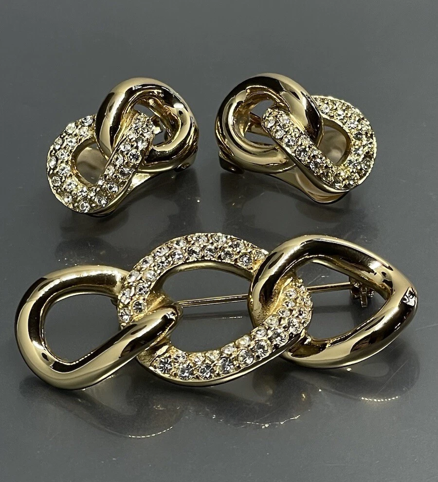 Ensemble de boucles d'oreilles vintage Christian Dior plaqué or jaune facettes cristal broche clip clip