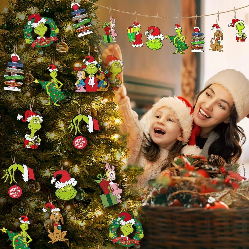24 PIEZAS Adornos de Árbol de Navidad Grinch, Colgantes Decoraciones de Madera Grinch de Navidad Foto 2 de 4