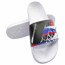 MSRP $79.99 NWT PUMA BMW MMS GRAPHIC LEADCAT MENS WHITE SLIP ON SLIDES SANDALS 7