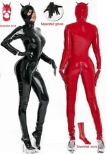 Wet Look PVC Leather Gothic Catsuit Bodysuit Wt gloves socks Cat Hoodie Costume 