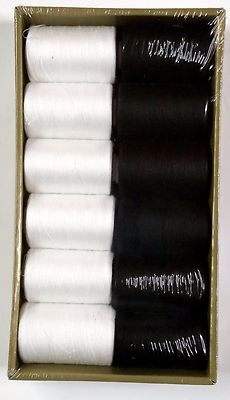 12 Spools Sewing Thread Polyester White and Black 1000 yards each Spool - NEW