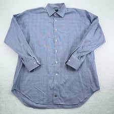 David Donahue Shirt Mens 17 34/35 Blue Plaid Button Up Long Sleeve