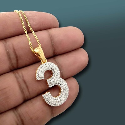 Number #3 THREE Pendant 1 Charm 925 Sterling Silver Round Simulated Diamond