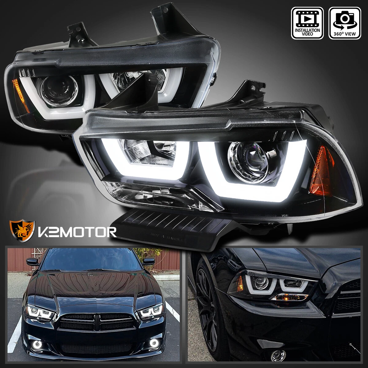 Jet Black Fits 2011-2014 Dodge Charger Dual LED Tube Projector