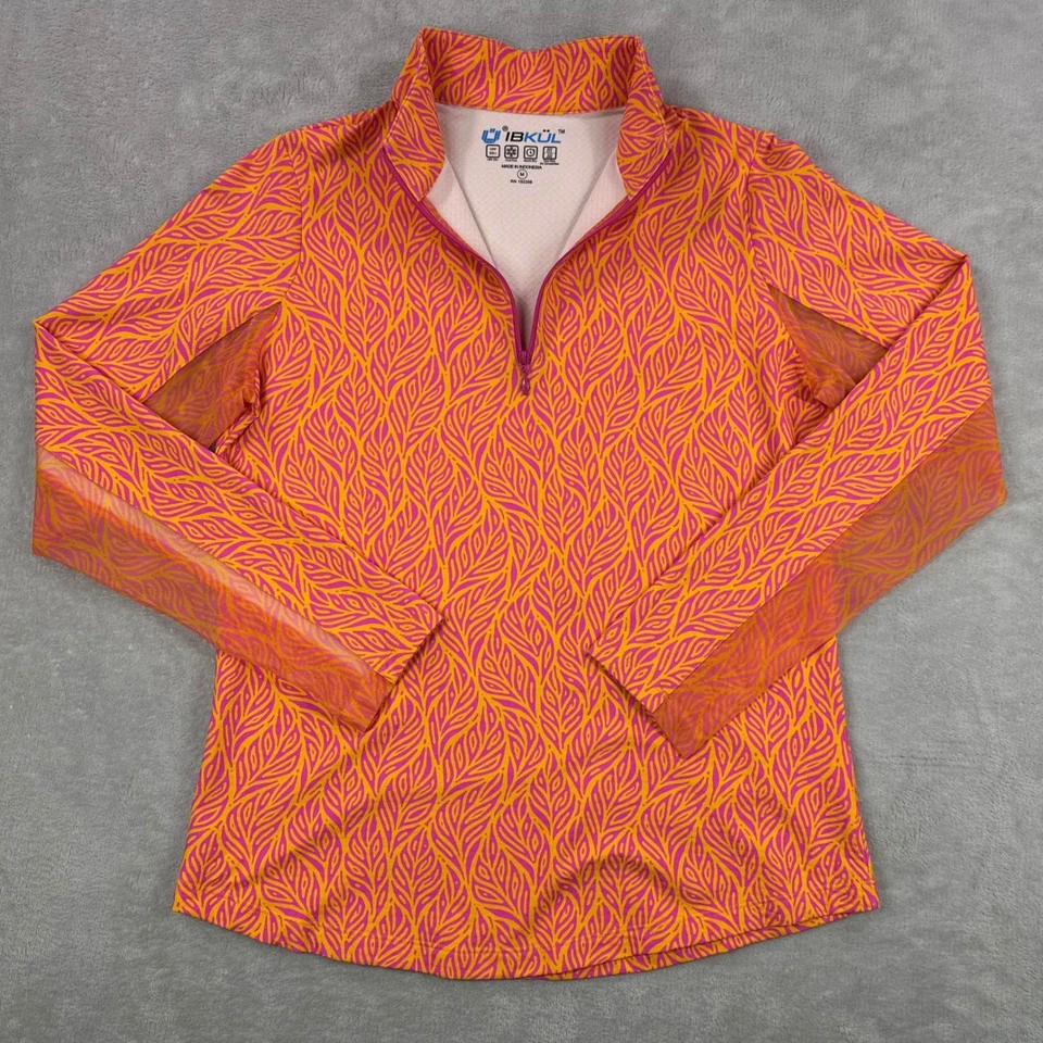 IBKUL Cuarto Cremallera UPF 50+ Top Deportivo Mujer Mediano Naranja Rosa Estampado Hoja Foto 2 de 4