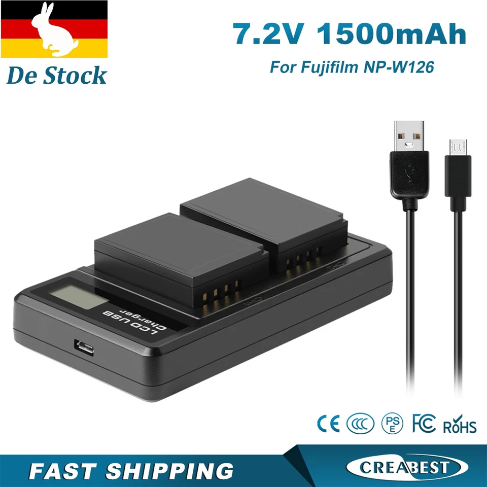 CREABEST 2x NP-W126S 1500mAh Akku+Ladegerät Für Fujifilm NP-W126 VPB-XT2 X-T2 X-T3 X-T1