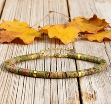 Natural Unakite Dainty Bracelet Green Healing Crystal Gemstone Minimalist Gifts