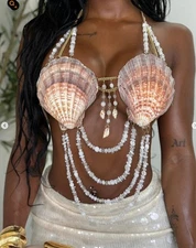 Women Bras Beaded Tassel Halter Shell Backless Metal Body chain Bralet 254681