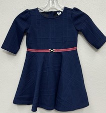 Janie and Jack Quilted Dress Girls Size 3 Navy Blue Belted Jaquard Soft Stretch