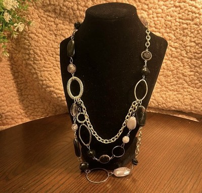 Silver tone and black beaded bib necklace lobster closure with extender