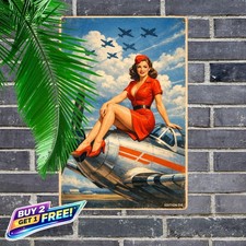 Fighter Plane Pinup Girl Tin Sign Retro Aviat...
