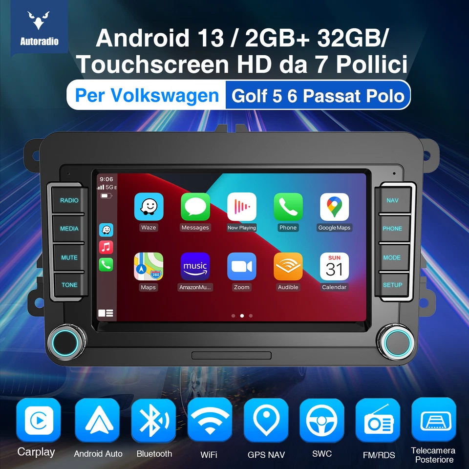 Autoradio 2DIN 32G Android 13 Carplay GPS WIFI RDS Per VW GOLF 5 6 Polo 6R Caddy - Immagine 2 di 4