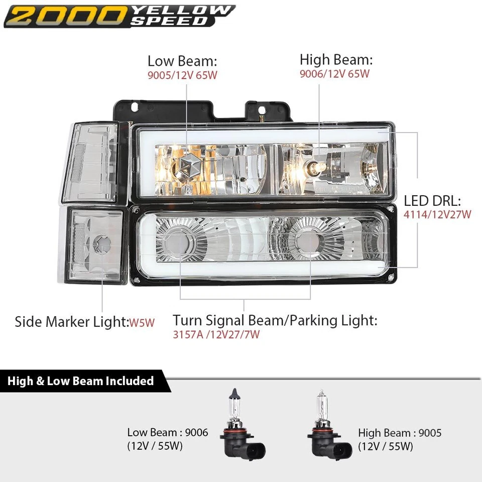 Fit For 94-98 C10 C/K Silverado LED DRL Chrome/Clear Headlights + Corner Lamps Foto 3 de 4