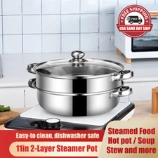  2-Layer Stainless Steel Cooking Wok Soup Stew Pot Steamer with Lid Glass Cover