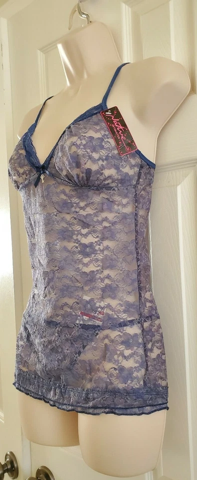 Conjunto de lingerie feminina íntima nova com etiquetas Native Intimates renda íntima 2 peças cami + tanga azul M - Imagem 2 de 4