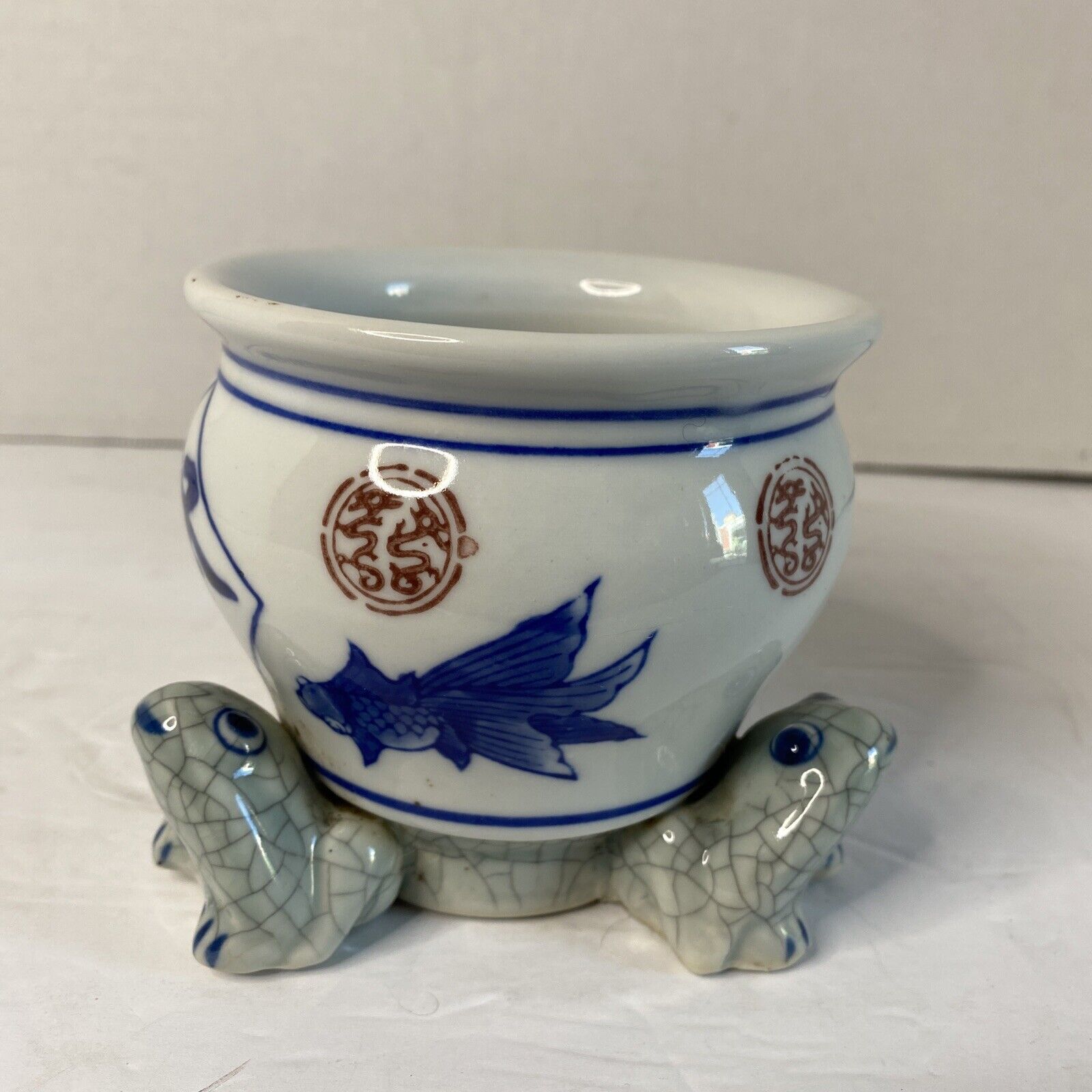 Lucky Frog Planter Goldfish Bamboo Fish Porcelain Chinese Vase Three Vintage