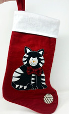 Cat Christmas Stocking Black  White Kitty Ball Bow 16 In Red Felt HandMade D10