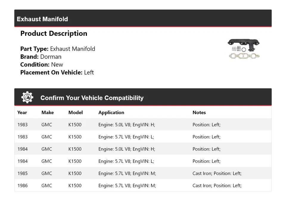 Colector de escape izquierdo para GMC K1500 1983-1986 Dorman 1984 1985 Foto 2 de 4