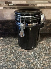 Brown Ceramic Canister Jar Clamp Top Lid Stainless Spoon Food Storage 7.5”x5”