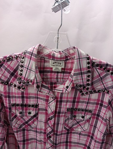 Ariat Shirt Women's Size: M Western Pearl Snap Pink/Black Long Sleeve Button Up - Picture 2 of 6