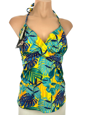 Hapari Tankini Swim Top Size 8-10 Orange/Blue built in Padded Bra Halter Tie