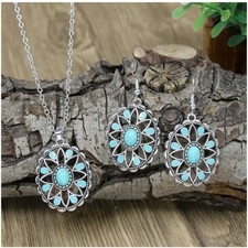 Imitation Turquoise Silver Tone Boho Necklace And Earring Set