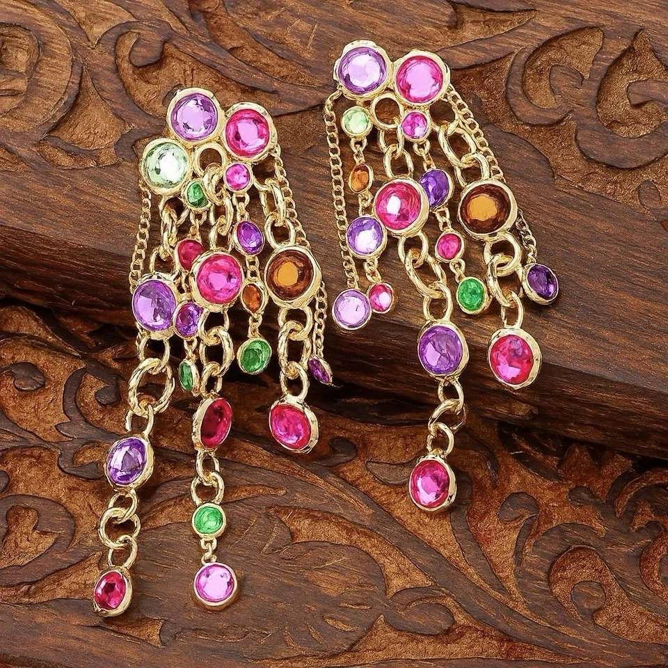 Pendientes Natasha Piedras Preciosas Cuentas Multicolor Araña Boho Cadena Cristal De Colección Circonita Foto 2 de 4