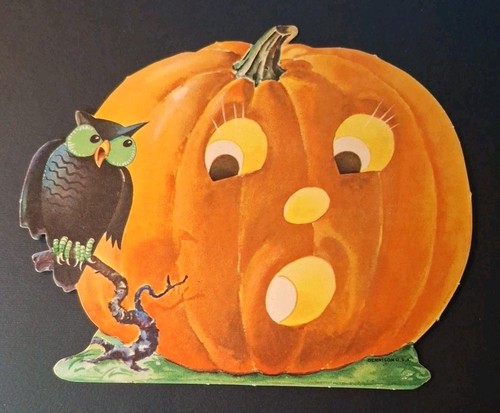 ANTIKE 1940er DENNISON GESTANZTE HALLOWEEN JACK O LATERNE mit EULE DEKORATION